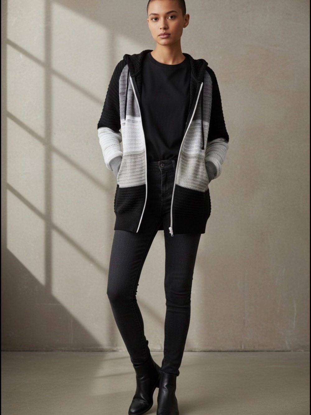 Ombre Zip-Up Hooded Cardigan — Black & Gray